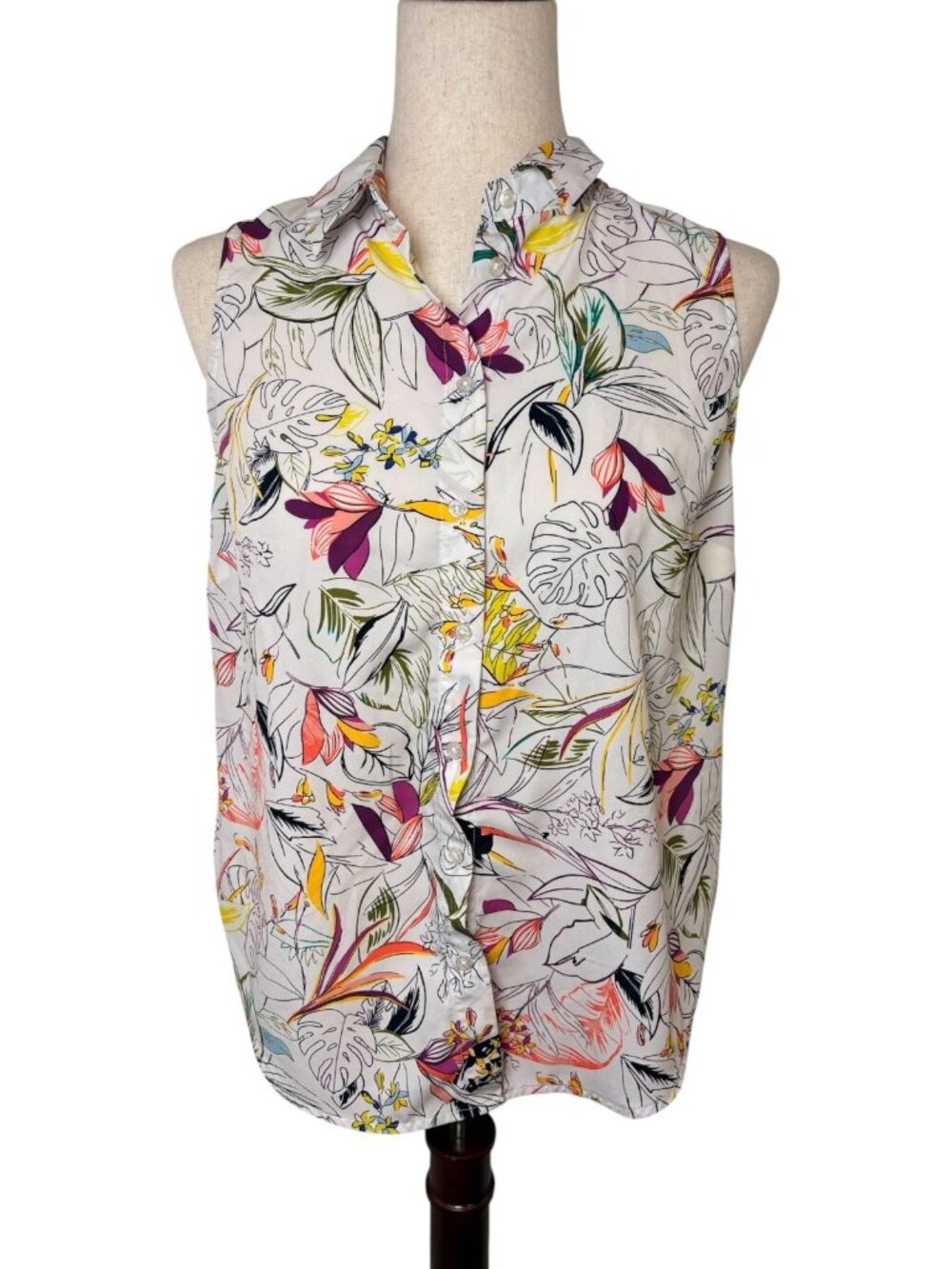 A New Day White Pink Yellow Tropical Floral Sleeveless Button-Up Blouse Small